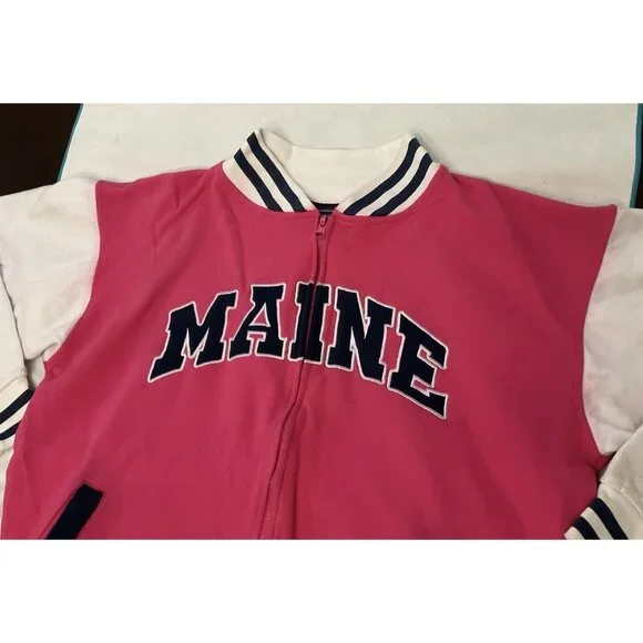 Women Girls Maine Spell Out Varsity Bomber Jacket Barbiecore Full Zip M 44”Chest - Picture 6 of 16